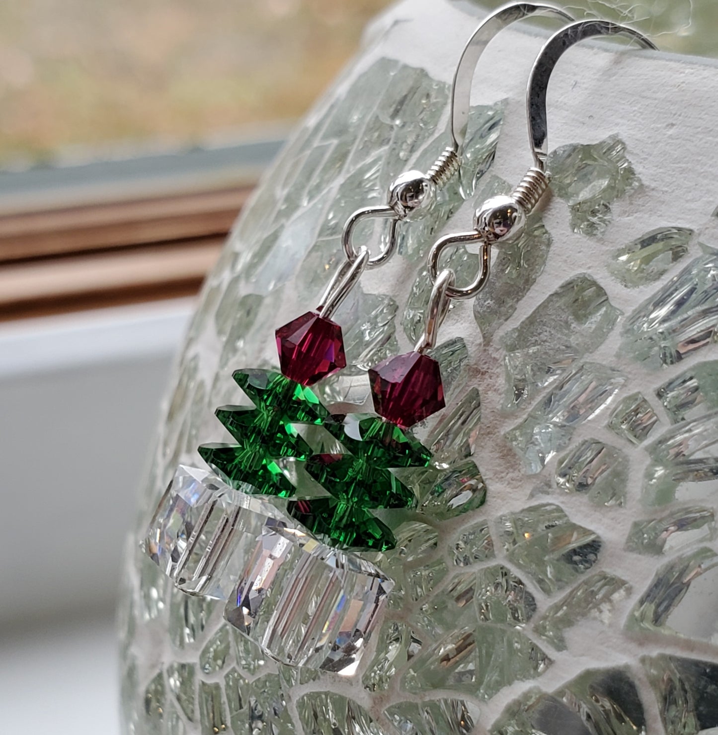 Sterling silver crystal Christmas tree-inspired earrings - handmade