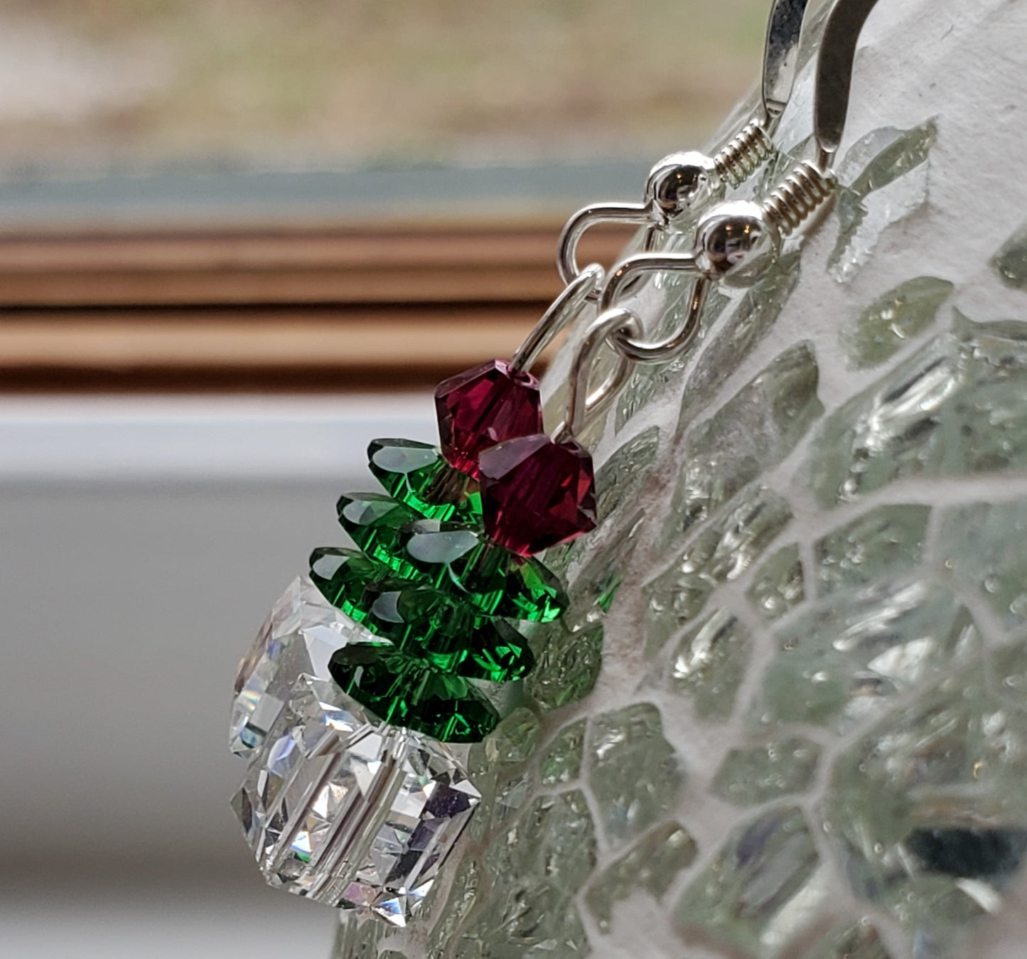 Sterling silver crystal Christmas tree-inspired earrings - handmade