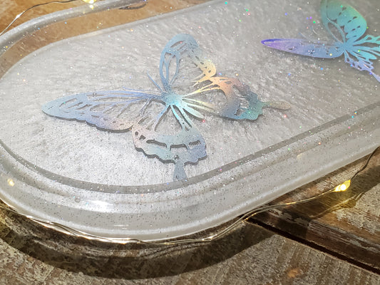 Resin tray with holo butterflies - handmade