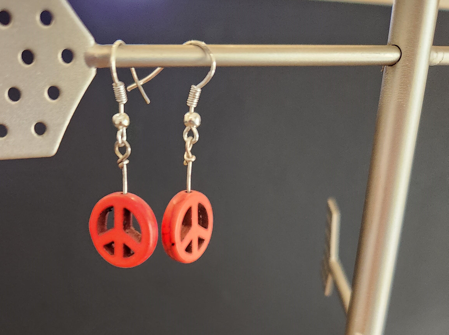 Peace sign Earrings - Silver & Red