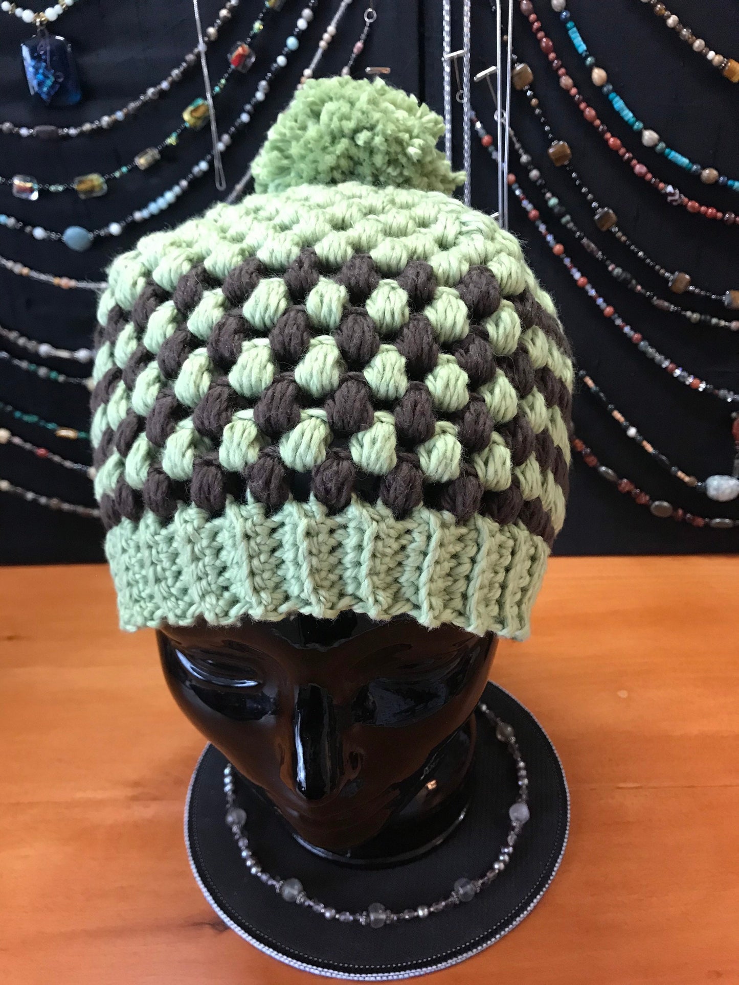 Organic Green & Brown stripes w/pom pom