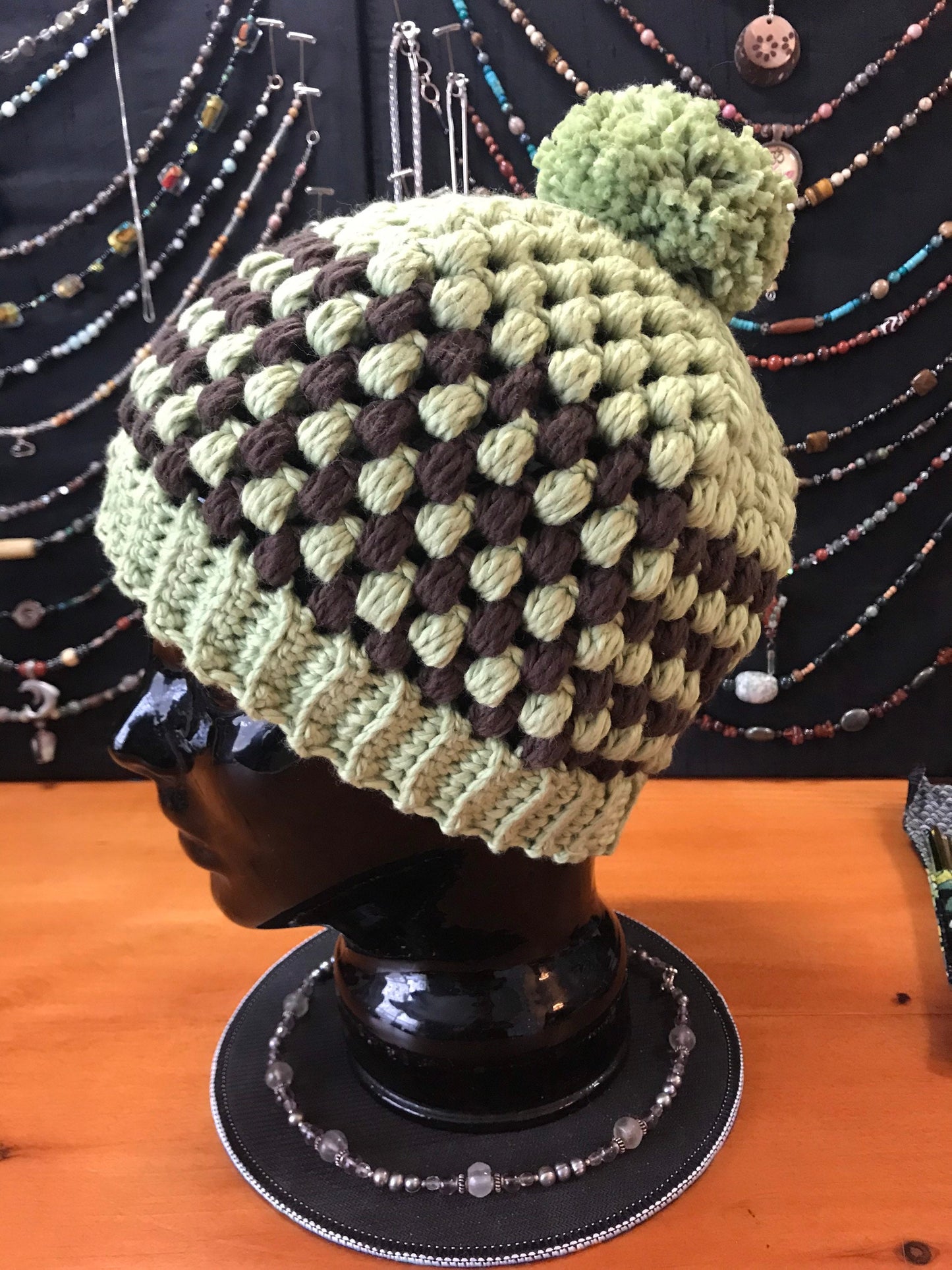 Organic Green & Brown stripes w/pom pom