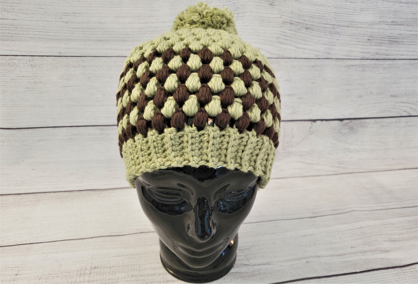 Organic Green & Brown stripes w/pom pom