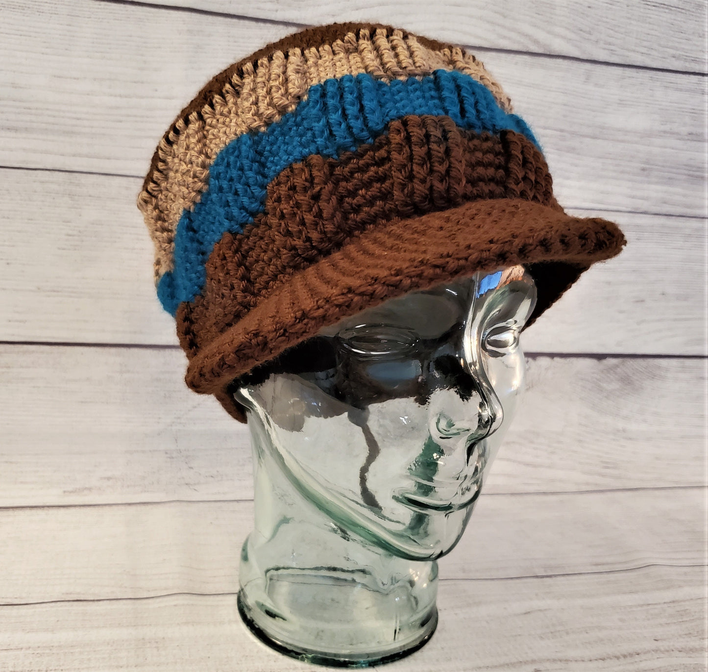 Crochet Cap - Brown Blue and Beige