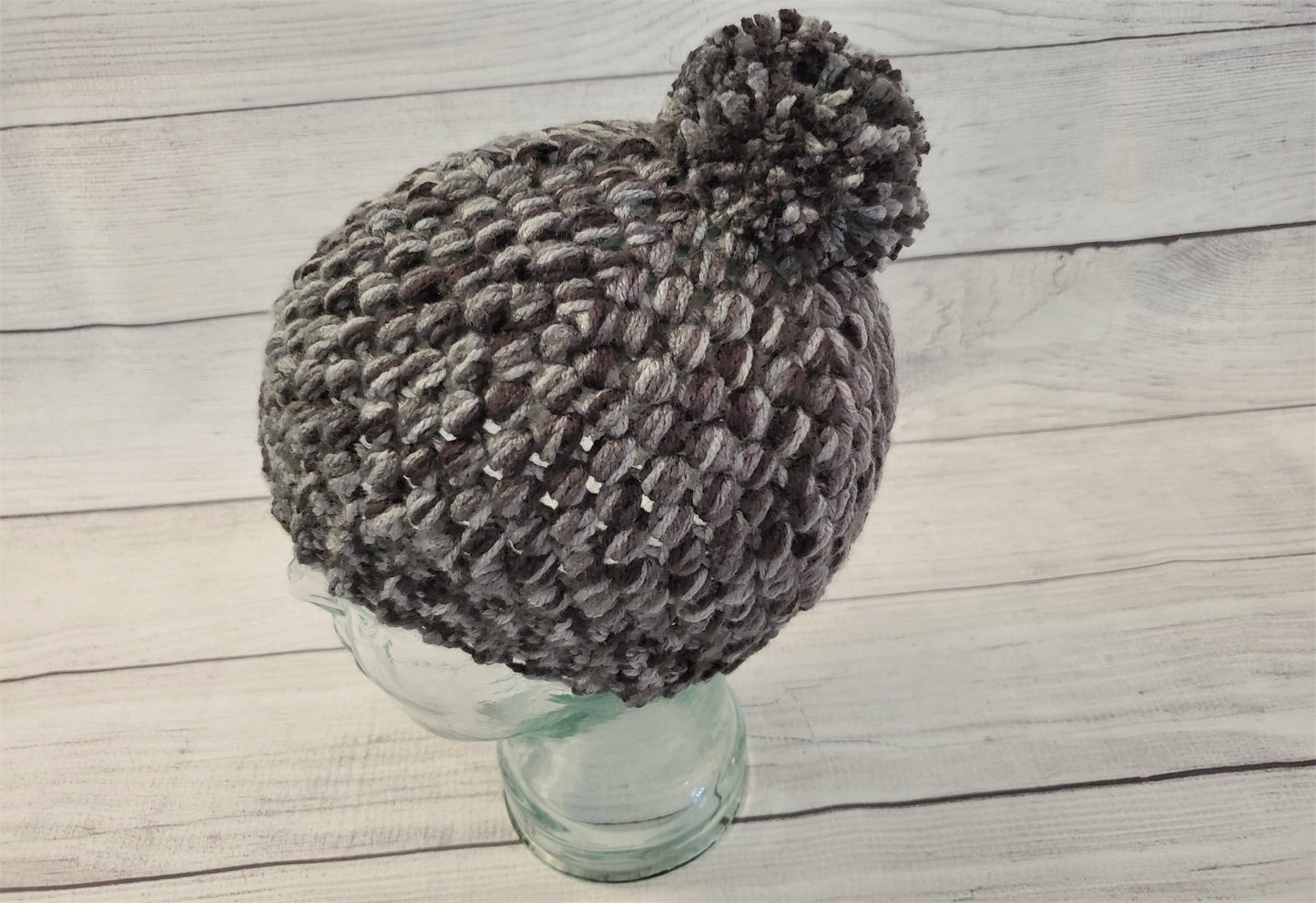 Black & grey crochet pom pom beanie