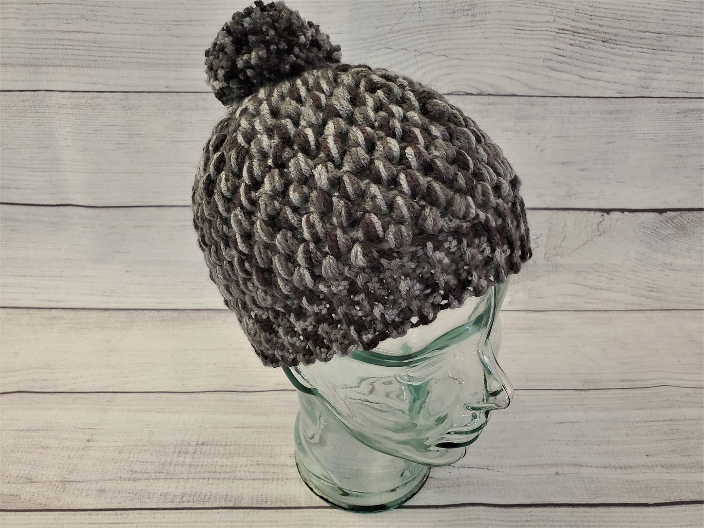 Black & grey crochet pom pom beanie