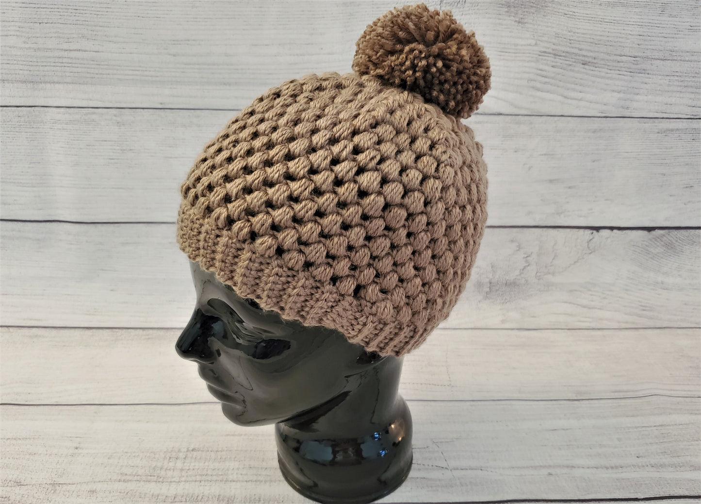 Dark mushroom brown pom pom beanie