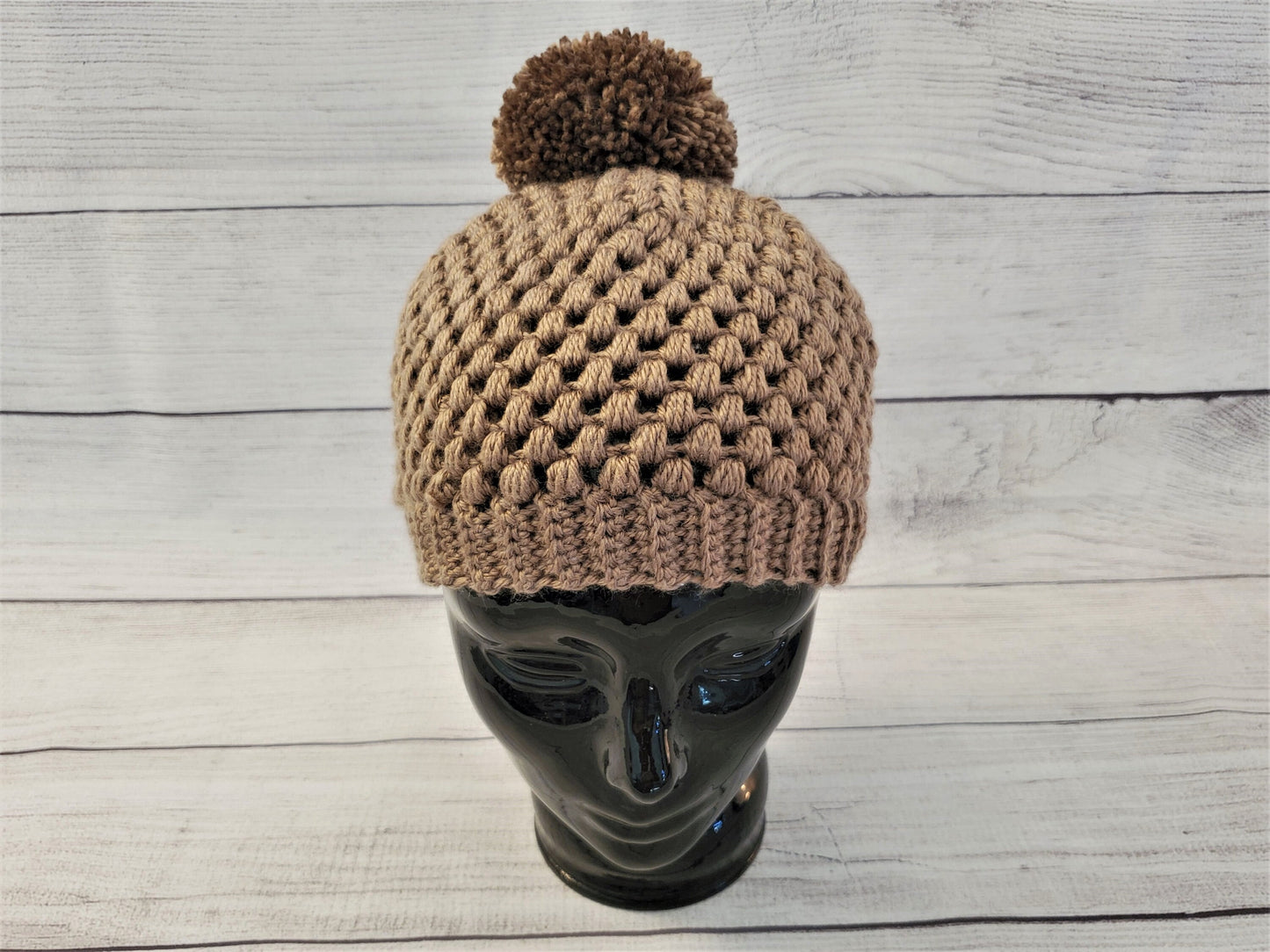 Dark mushroom brown pom pom beanie