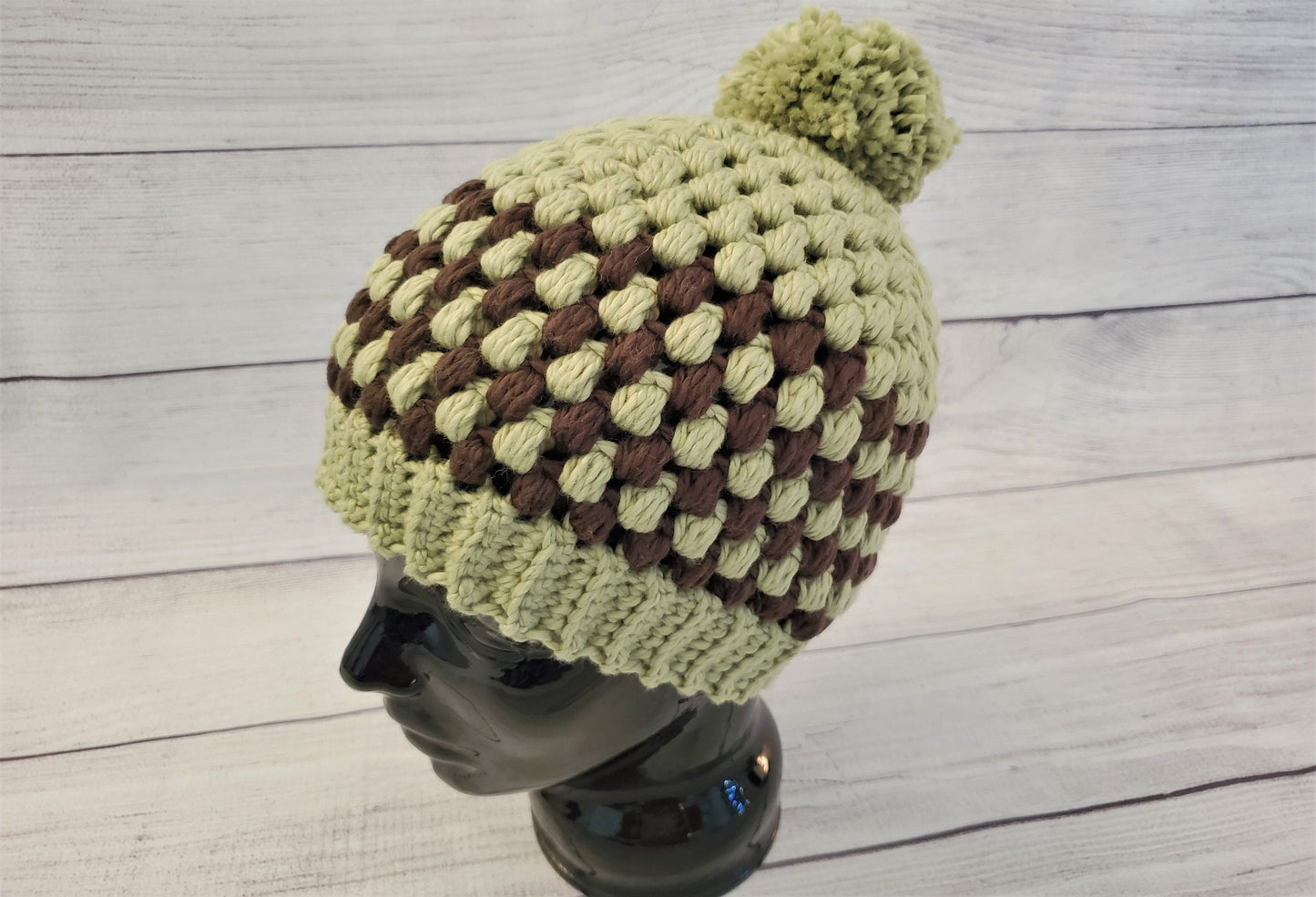 Organic Green & Brown stripes w/pom pom