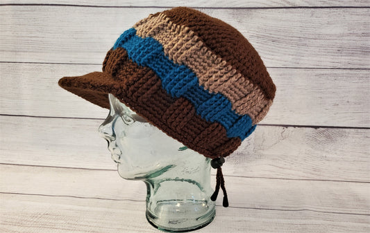 Crochet Cap - Brown Blue and Beige