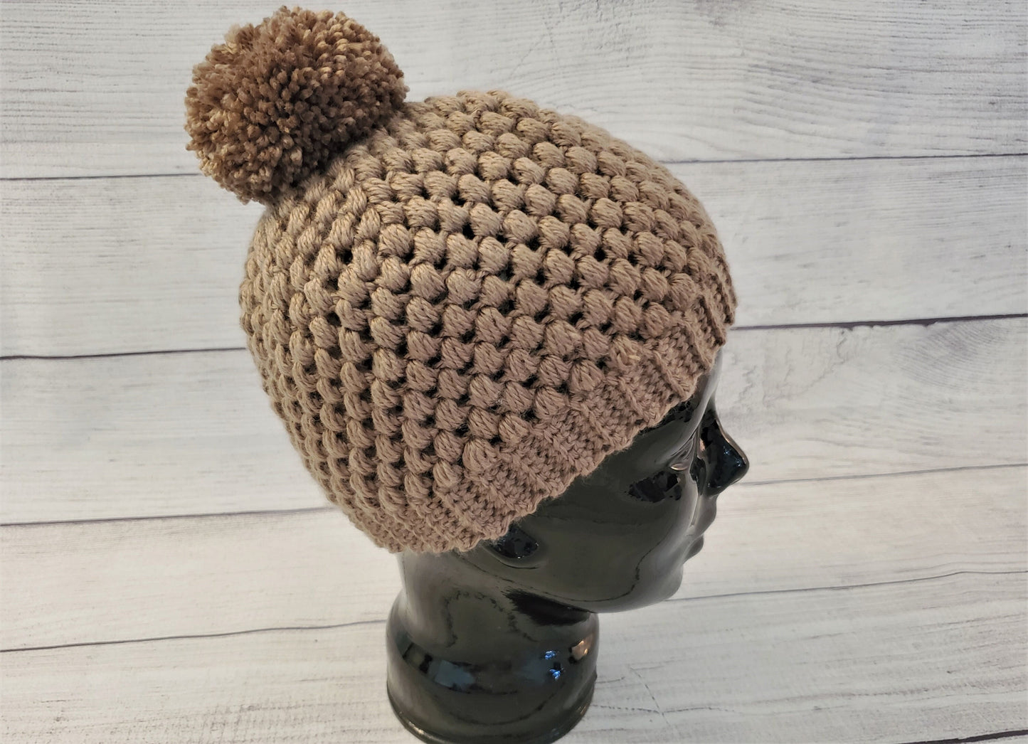 Dark mushroom brown pom pom beanie