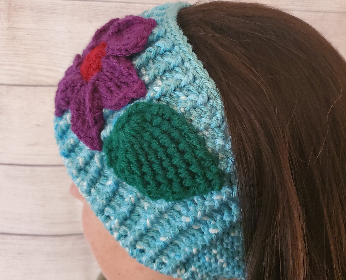 Wide Aqua Headwrap - Purple Flower and Green Leaf