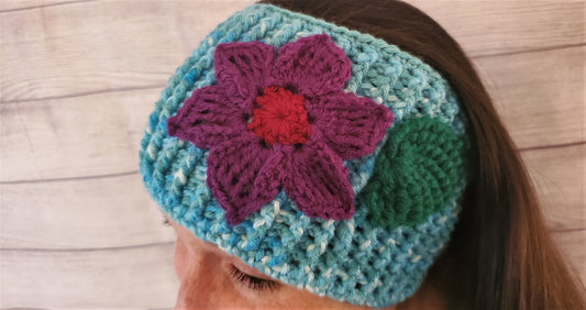 Wide Aqua Headwrap - Purple Flower and Green Leaf