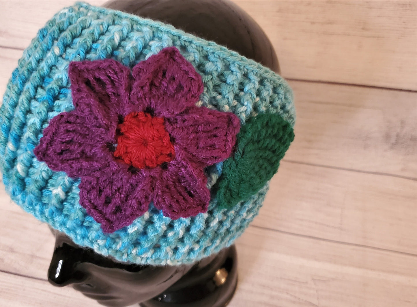 Wide Aqua Headwrap - Purple Flower and Green Leaf