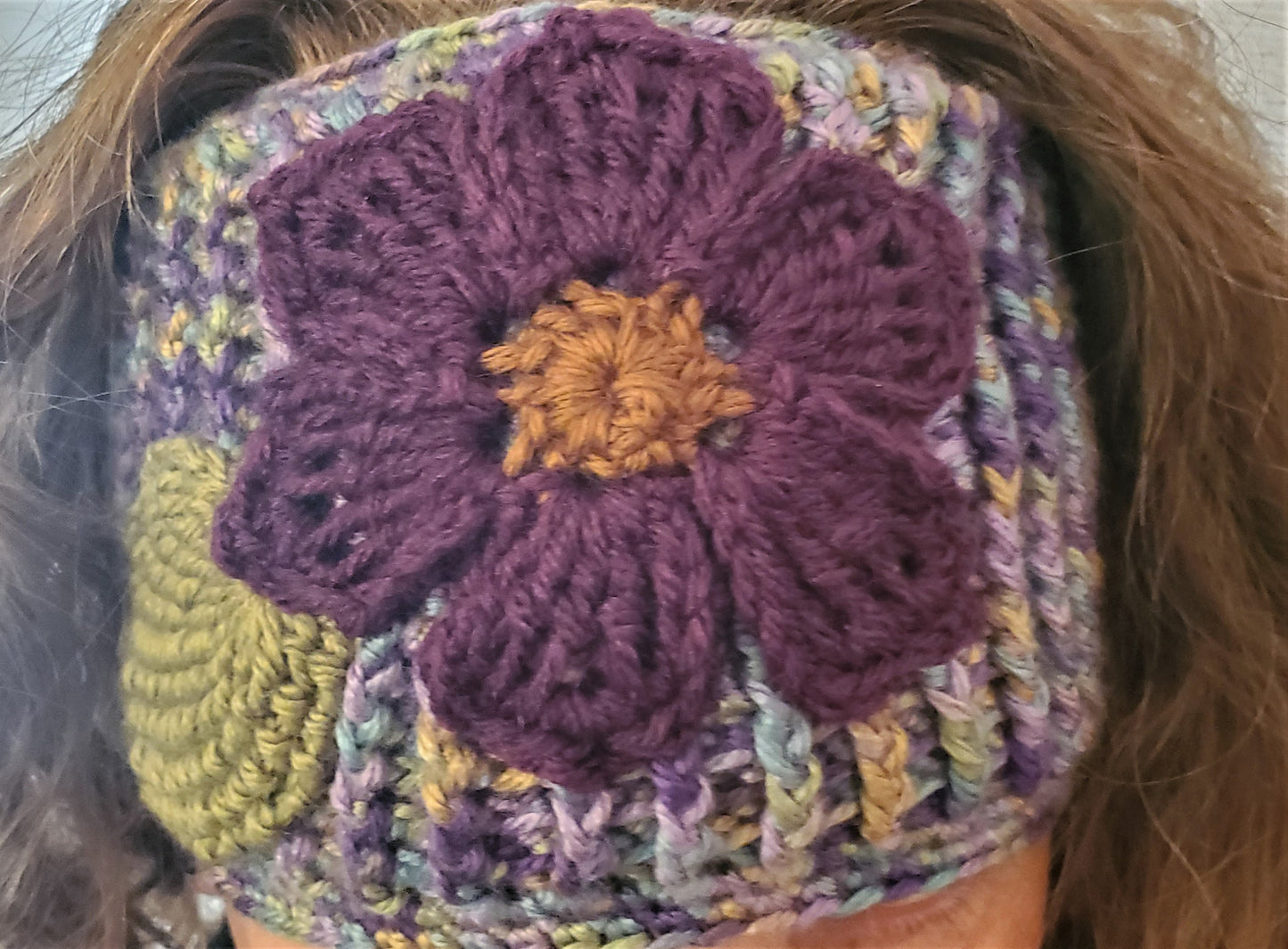 Wide Purple Headwrap - Flower and Green Leaf