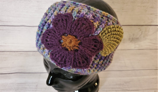 Wide Purple Headwrap - Flower and Green Leaf