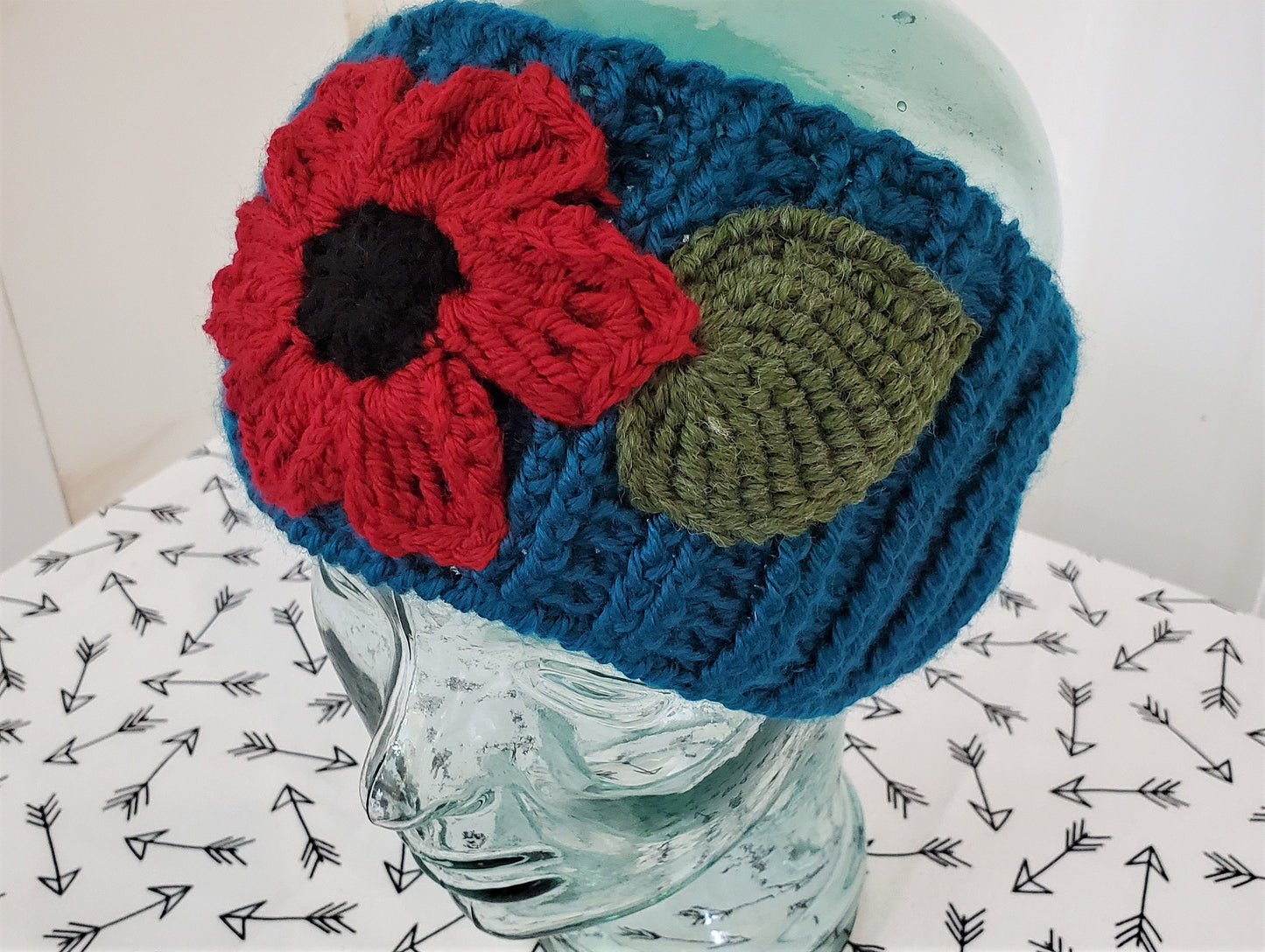 Wide Teal Headwrap - Red Flower and Green Leaf