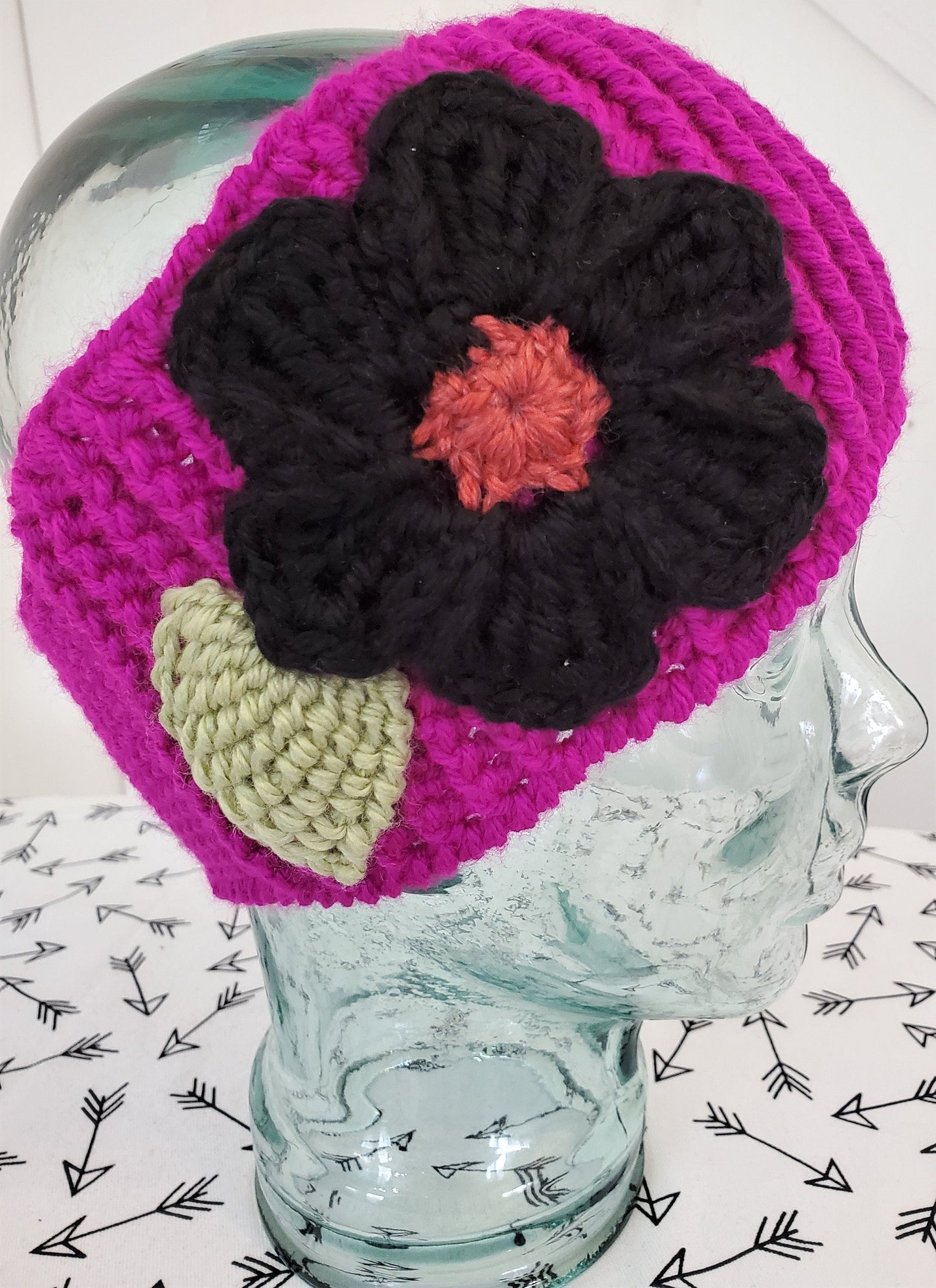 Wide magenta headwrap - Black Flower and Green Leaf