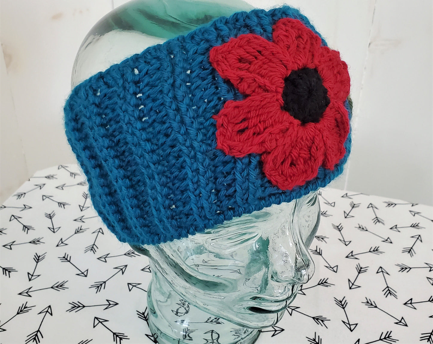 Wide Teal Headwrap - Red Flower and Green Leaf