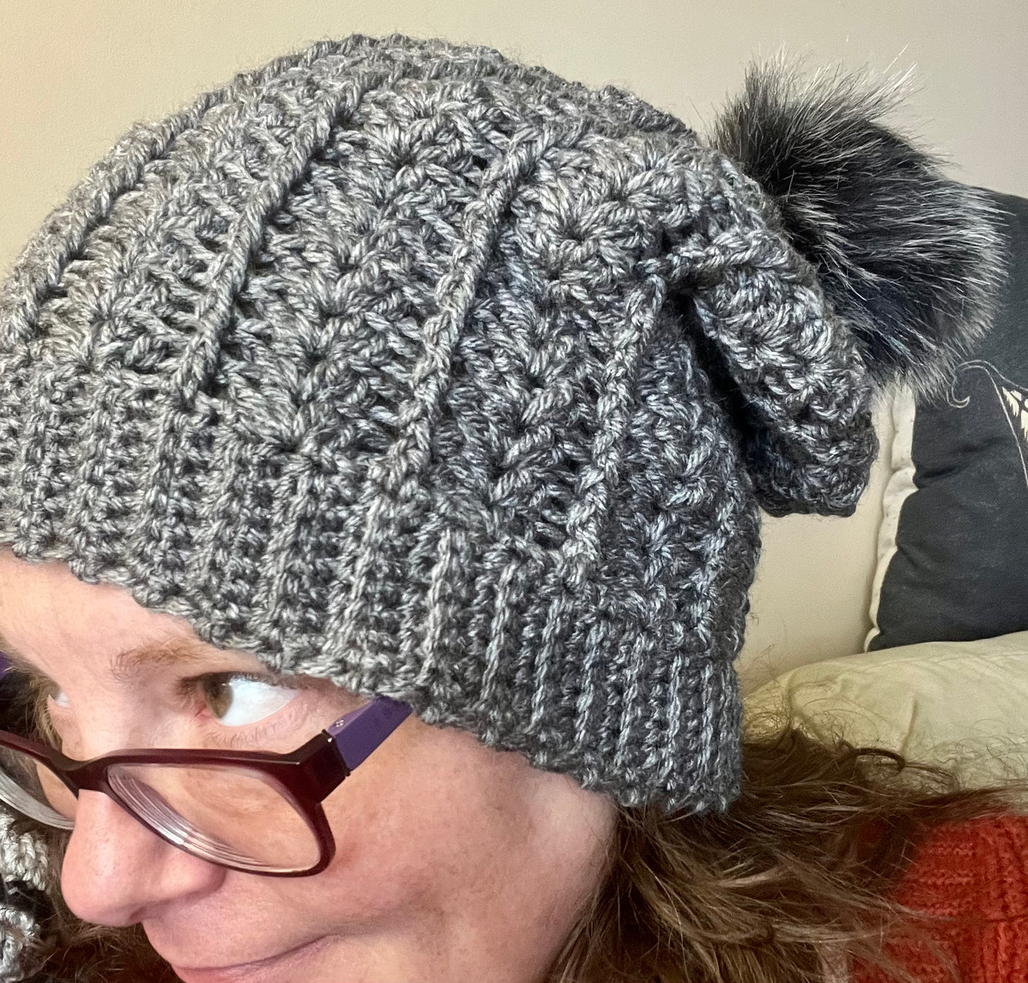 Charcoal slouchy winter hat with Pom Pom